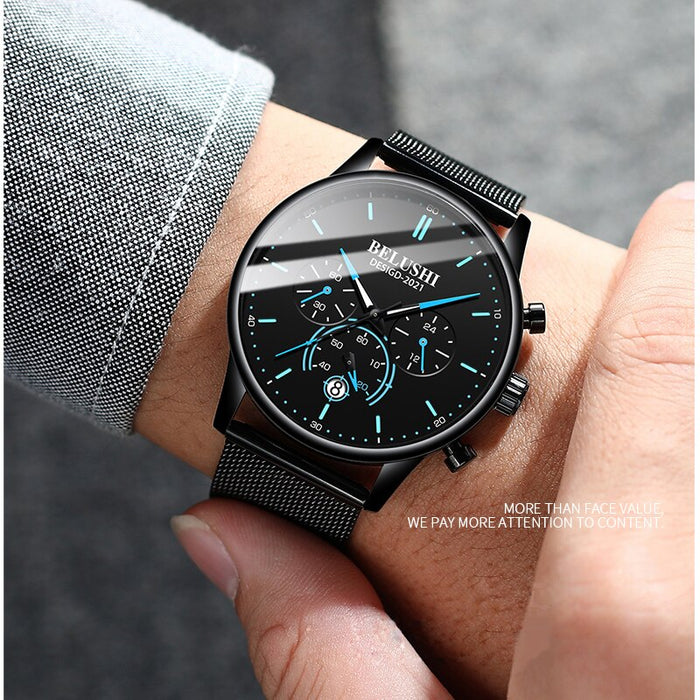 Reloj BELUSHI para hombre, marca de lujo, famoso reloj masculino, relojes negros, correa de Milán ultrafina, reloj de pulsera de cuarzo de acero inoxidable para hombre 