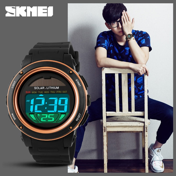 Reloj deportivo SKMEI 1096 para exteriores, relojes de pulsera con correa Solar de PU para hombre, cronógrafo con alarma, 5bar, reloj Digital resistente al agua para hombre 