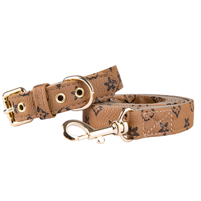 Old Flower Pet Collar PU Leather Dog Collar Traction Rope Cat Traction Collar Dog Walking Rope Anti-String Wear