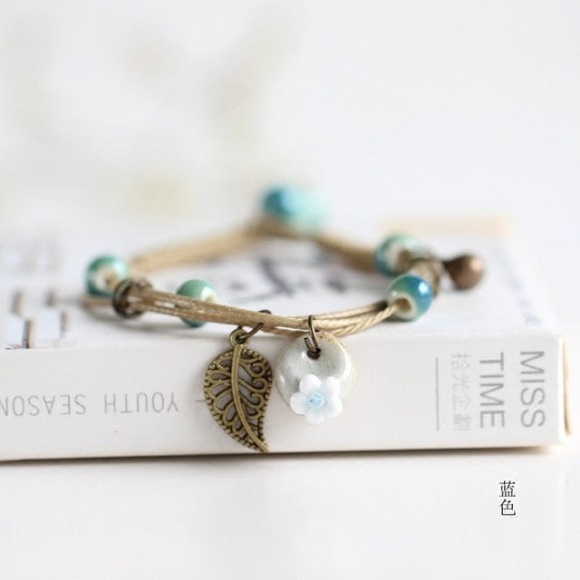 Ceramic Cute Flower Leaf Pattern Bracelets Handmade Vintage Boho Style Trendy jewellery