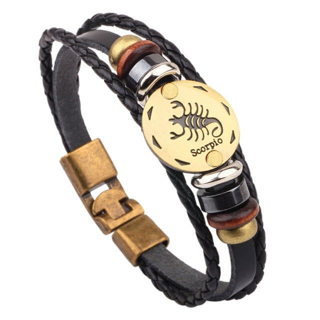 12 Horóscopo Pulsera de cuero Hombres Joyería Vintage Retro Charm Pulsera Joyería masculina 8.2