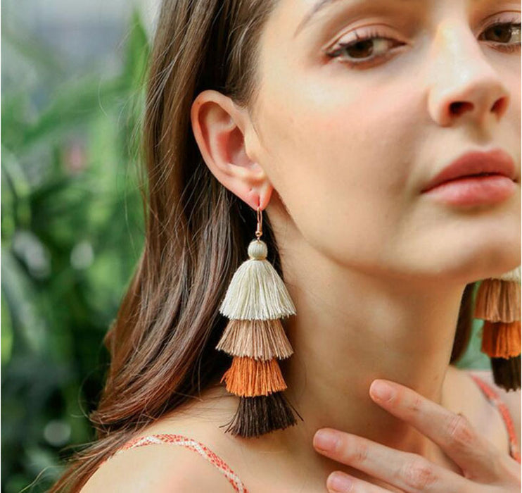 Pendientes de borla hechos a mano para mujer, aretes largos de estilo nacional europeo y americano, aretes de moda bohemia