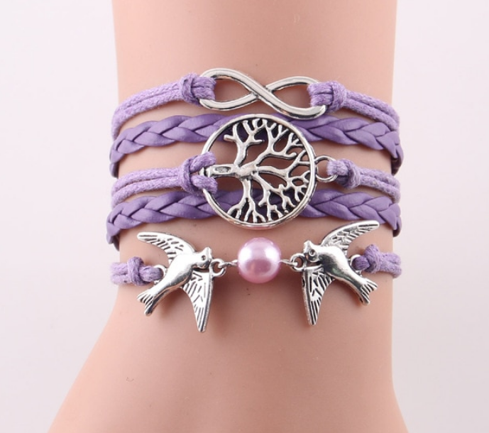 Fashion Infinity Tree flying birds charm Imitation Pearl Leather braid women wrap bracelet Bracelets & Bangles for women jewelry