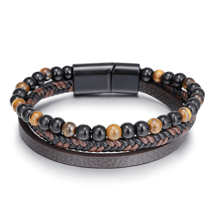 Simple Hand Braided Leather Natural Tiger Eye Bracelet Hand Braided Volcanic Stone Beaded Men's Bracelet