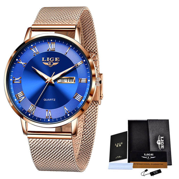 LIGE Ultra Thin Ladies Quartz Watch Classic Women's Watch Dual Calendar Waterproof Watch Milan Mesh Strap Watch