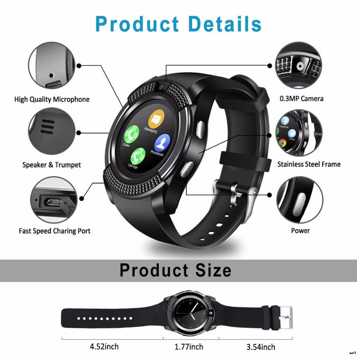 Smart Watch V8 Men Bluetooth Sport Watches Women Ladies Rel gio Smartwatch with Camera Sim Card Slot Android Phone