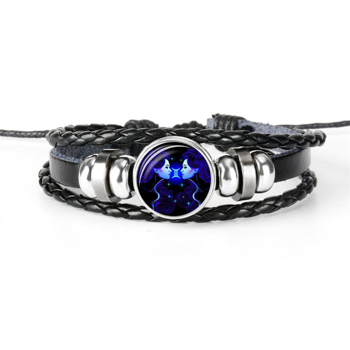 12 Constellations Beaded Glow Leather Bracelet Glass Alloy Multilayer Handwoven 12 Constellations Bracelet