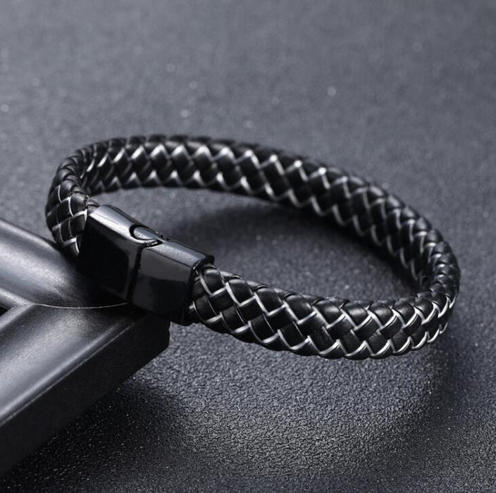 Fashion Braided Black Blue Leather Bracelet Men Stainless Steel Magnetic Clasp Charm Bangles Male Wrist Band Gifts