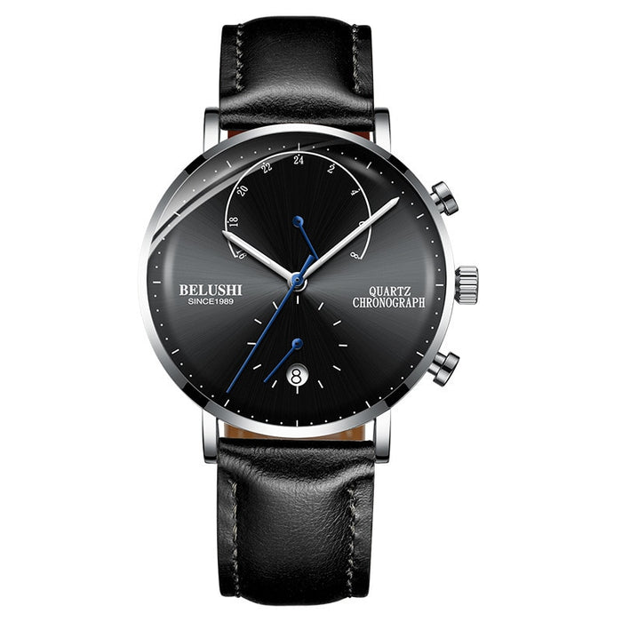 Quartz Watch Men Watches Modern Chronograph Men Watch Leather Strap Watches Man Imitation Luxury Men'S Sports Watch--Belushi 537 SILVER