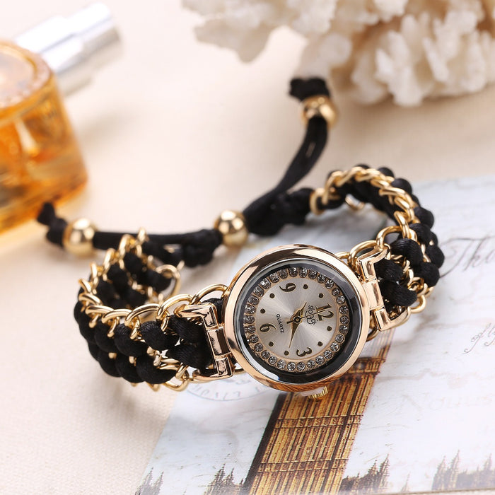 New small dial with diamond inlay Women's woven rope watch Women's creative fashion retractable rope quartz watch