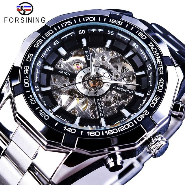 Relojes de esqueleto para hombre resistentes al agua de acero inoxidable plateado, reloj de pulsera mecánico transparente de lujo de marca superior para hombre