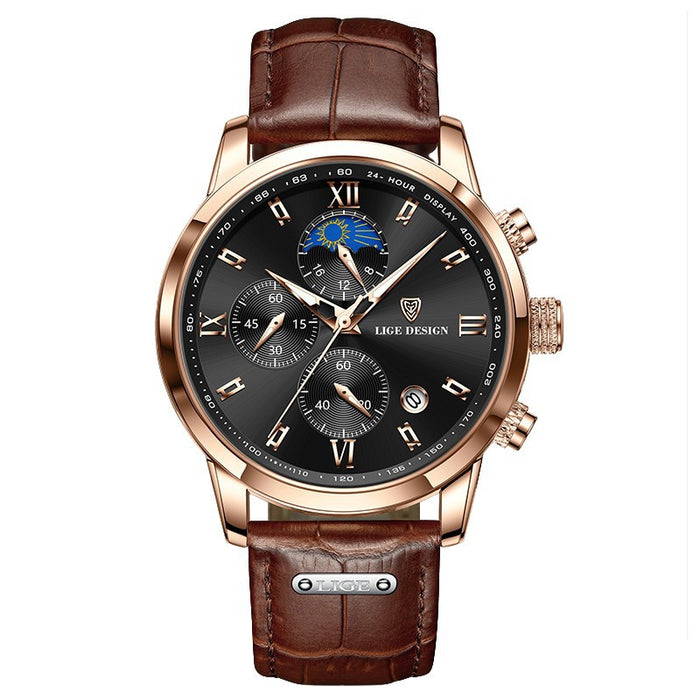 Lige Men's Quartz Watch Multifunction Chronograph Moon Phase Quartz Movement Waterproof Watch