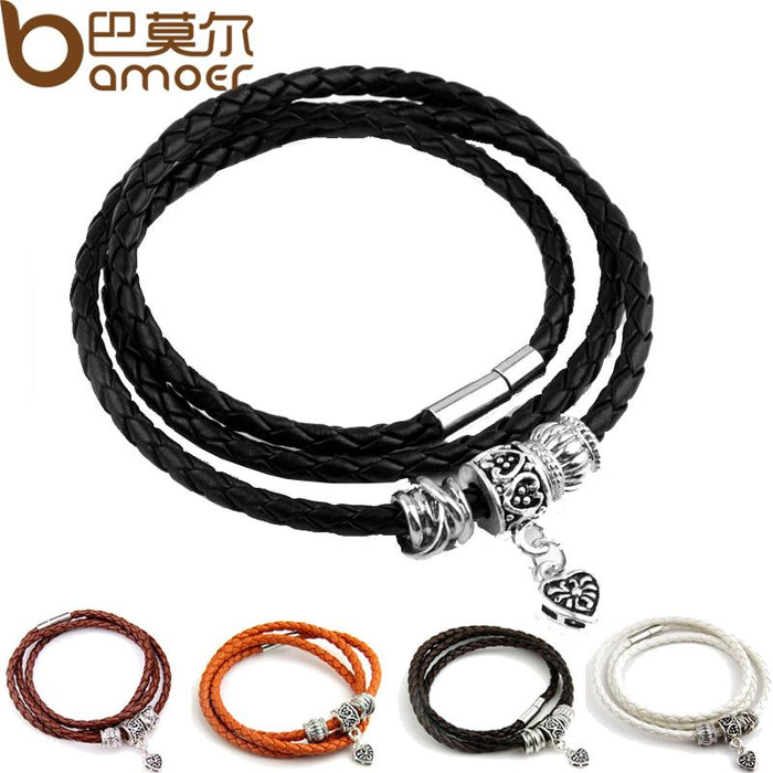 Pulsera de cuero negro con dije de plata BAMOER para mujer, joyería con cierre magnético de cinco colores PI0311 