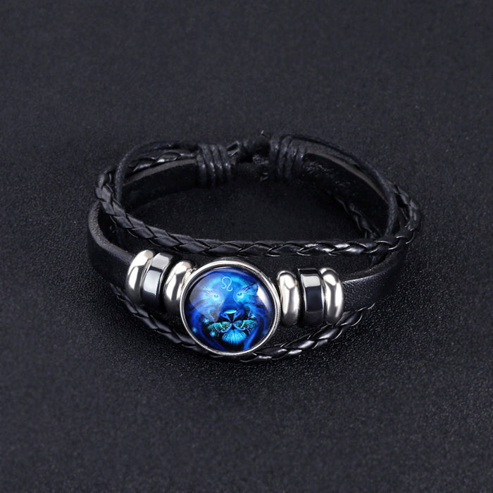 12 Constellations Beaded Glow Leather Bracelet Glass Alloy Multilayer Handwoven 12 Constellations Bracelet