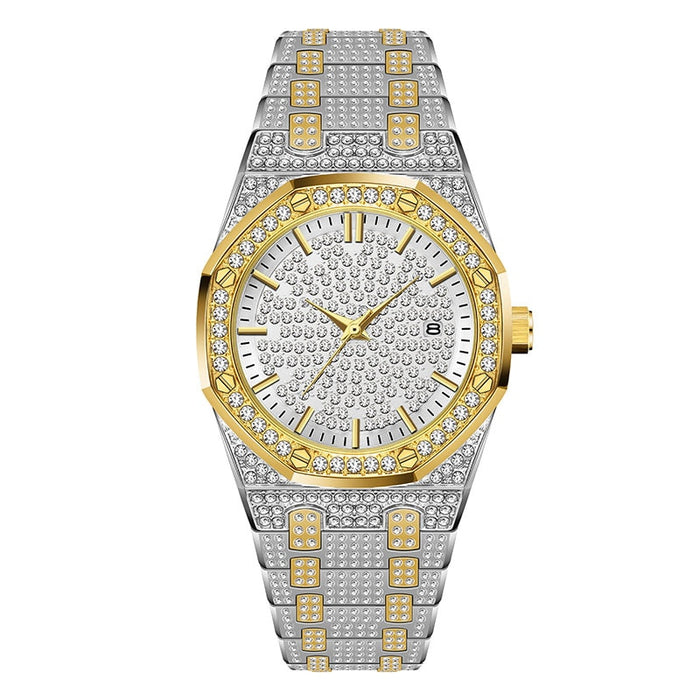 Missfox V294 Reloj de oro de 18 quilates para hombre Relojes de marca de lujo con diamantes para hombre Relojes de primeras marcas de lujo FF Iced Out Reloj de cuarzo masculino Calendario Regalo único para hombres 