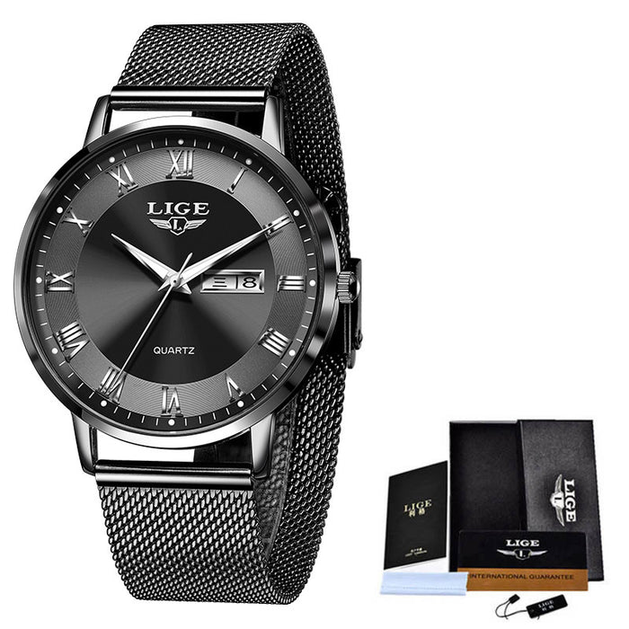 LIGE Ultra Thin Ladies Quartz Watch Classic Women's Watch Dual Calendar Waterproof Watch Milan Mesh Strap Watch