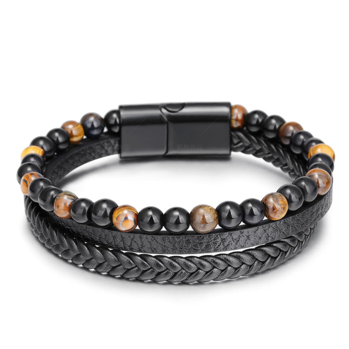 Simple Hand Braided Leather Natural Tiger Eye Bracelet Hand Braided Volcanic Stone Beaded Men's Bracelet