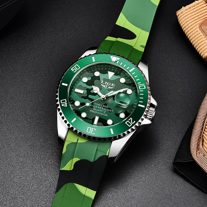 LIGE Reloj de Cuarzo para Hombre Reloj Resistente al Agua 30M Correa de Silicona Camo