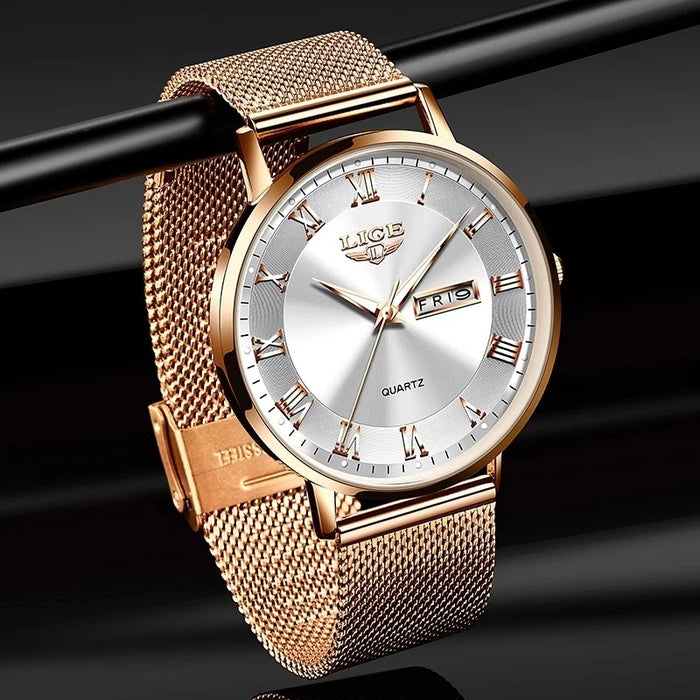 LIGE Ultra Thin Ladies Quartz Watch Classic Women's Watch Dual Calendar Waterproof Watch Milan Mesh Strap Watch