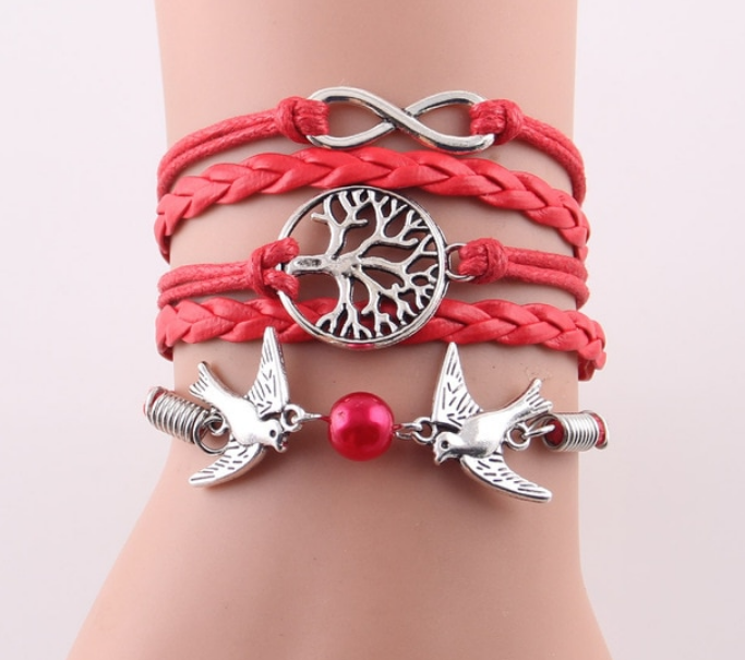 Moda infinito árbol pájaros voladores encanto imitación perla cuero trenza mujeres pulsera envolvente pulseras y brazaletes para mujer joyería