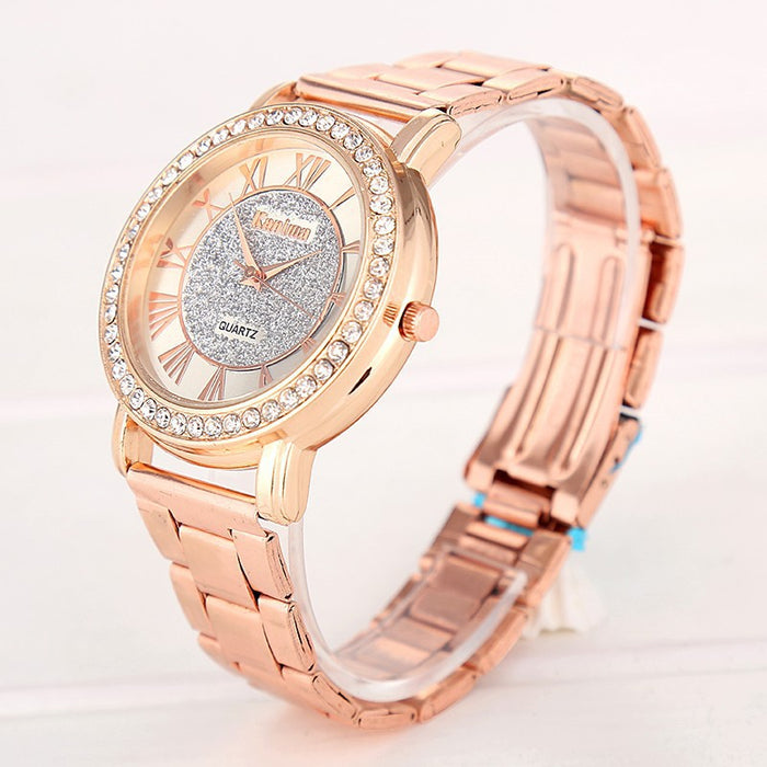 Venta Reloj de oro plateado para mujer, marca de lujo, gran oferta, relojes de pulsera para mujer, regalos para niña, reloj de cuarzo con diamantes de imitación de acero inoxidable completo