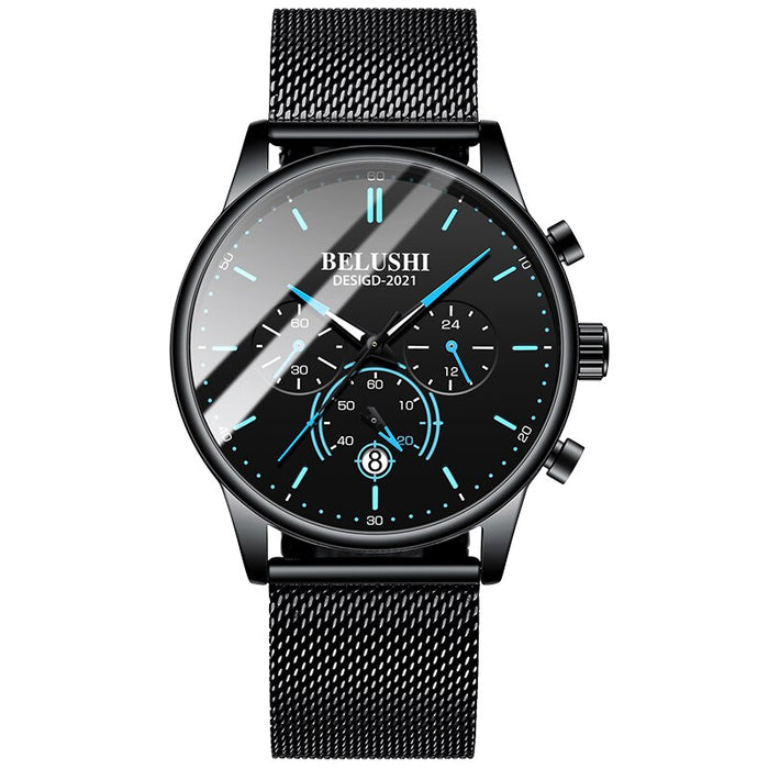 Reloj BELUSHI para hombre, marca de lujo, famoso reloj masculino, relojes negros, correa de Milán ultrafina, reloj de pulsera de cuarzo de acero inoxidable para hombre 