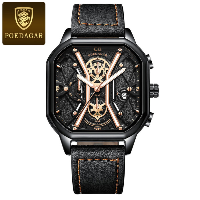 POEDAGAR, relojes de pulsera de lujo a la moda para hombre, cronógrafo luminoso, resistente al agua, reloj con fecha para hombre, esfera cuadrada, relojes de cuarzo de cuero para hombre