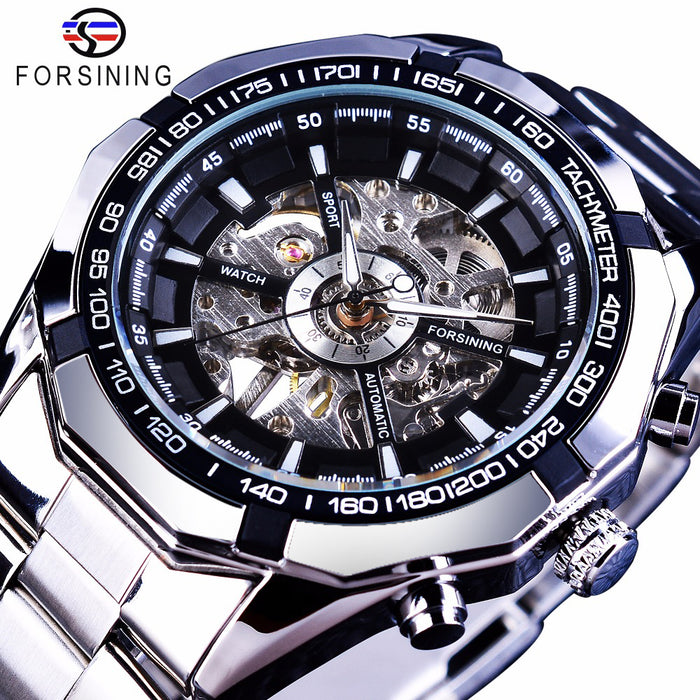 Relojes de esqueleto para hombre resistentes al agua de acero inoxidable plateado, reloj de pulsera mecánico transparente de lujo de marca superior para hombre