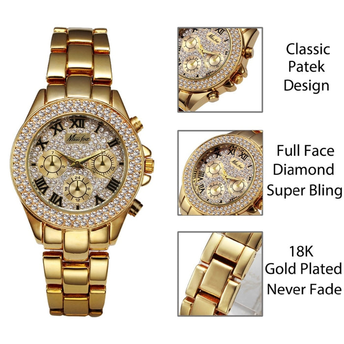 MISSFOX 1846  Women Watches Luxury Watch Women Fashion Fake Chronograph Roman Numerals 18K Gold Ladies Watches Quartz Wristwatch