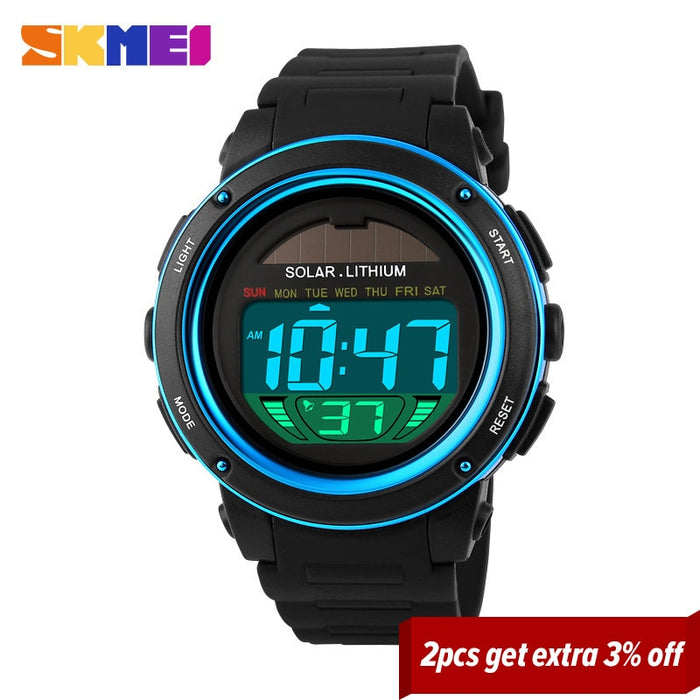 Reloj deportivo SKMEI 1096 para exteriores, relojes de pulsera con correa Solar de PU para hombre, cronógrafo con alarma, 5bar, reloj Digital resistente al agua para hombre 