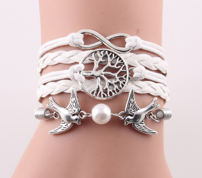 Moda infinito árbol pájaros voladores encanto imitación perla cuero trenza mujeres pulsera envolvente pulseras y brazaletes para mujer joyería