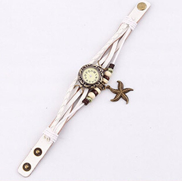 Reloj de pulsera de estrella de mar para mujer, reloj Retro tejido, relojes envolventes de cuero genuino, reloj de pulsera de estrella de mar, esfera pequeña Bnad delgada LL