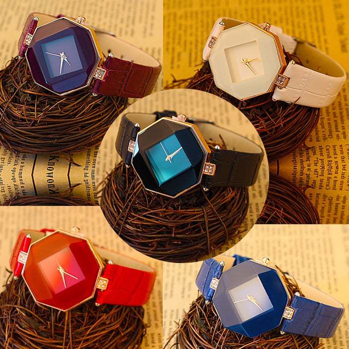 Relojes de mujer con corte de gemas, reloj de pulsera de cuarzo de cuero y cristal geométrico, reloj de vestir a la moda, reloj de regalo para mujer, reloj femenino de 5 colores 