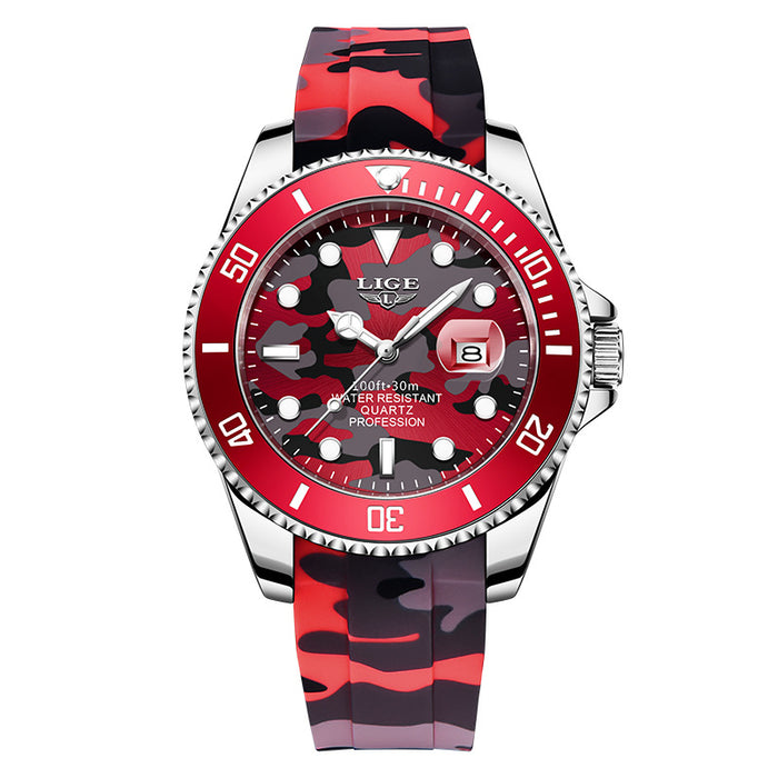 LIGE Reloj de Cuarzo para Hombre Reloj Resistente al Agua 30M Correa de Silicona Camo