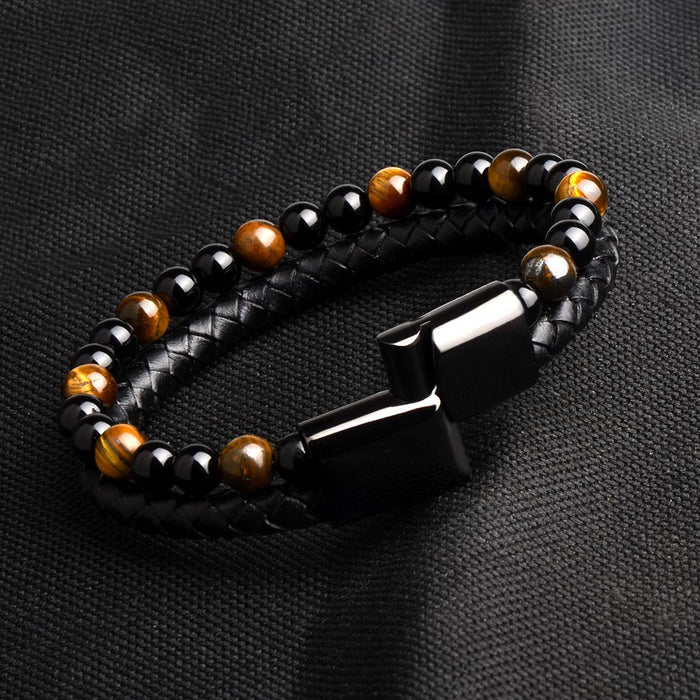 Natural Stone Bracelets Genuine Leather Braided Bracelet Black Stainless Steel Magnetic Clasp Tiger eye Bead Bangles Men Jewelry