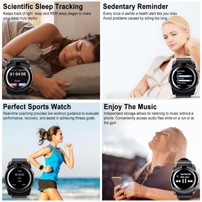 Reloj inteligente V8 hombres Bluetooth relojes deportivos mujeres señoras Rel gio Smartwatch con cámara ranura para tarjeta Sim teléfono Android