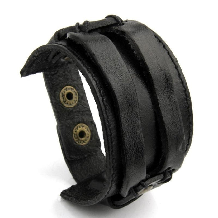 BAMOER Leather Cuff Double Wide Bracelet Rope Bangles Brown Unisex Jewelry PI0296