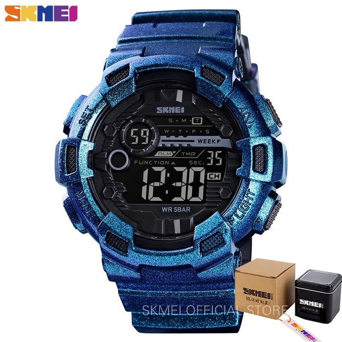 Reloj deportivo SKMEI 1243 para exteriores, reloj multifunción para hombre, 5bar, resistente al agua, correa de PU, relojes con pantalla LED, reloj Digital cronógrafo para hombre 