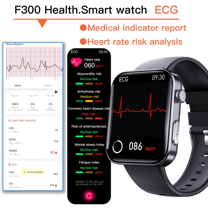 Reloj inteligente F300, monitorización de electrocardiograma ECG, alarma de caída SOS, reloj de glucosa en sangre y presión arterial, informe HRV