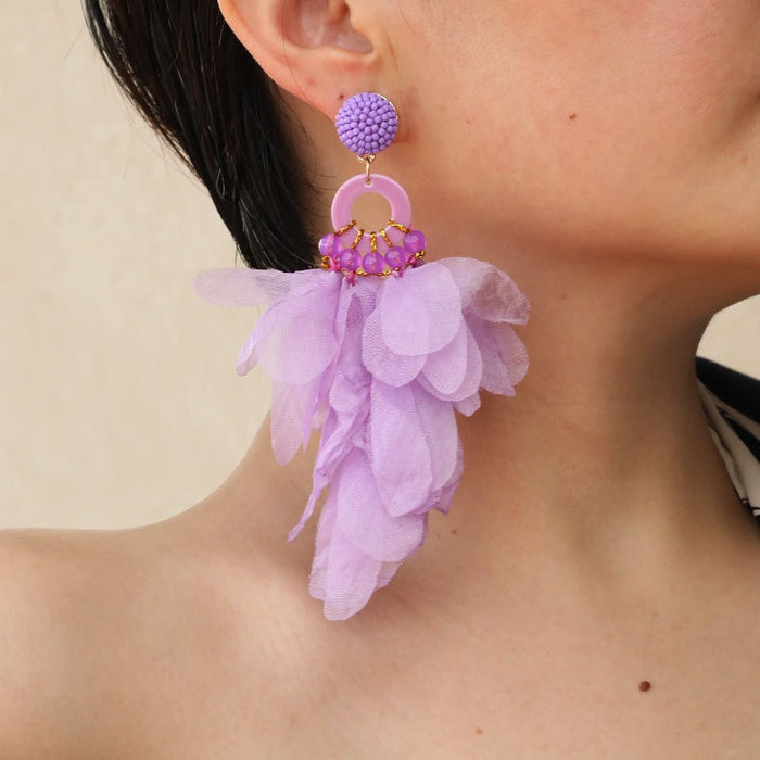 Fashionable handmade fabric floral earrings for women's exaggerated long earrings