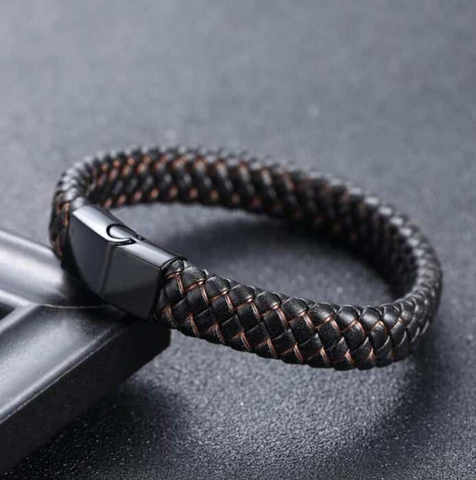 Fashion Braided Black Blue Leather Bracelet Men Stainless Steel Magnetic Clasp Charm Bangles Male Wrist Band Gifts