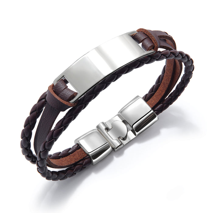 Pulsera De Moda Para Hombre Pulsera De Cuero Trenzado Multicapa Simple Y Versátil Brillante