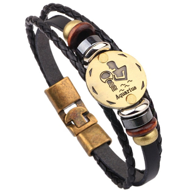 12 Horóscopo Pulsera de cuero Hombres Joyería Vintage Retro Charm Pulsera Joyería masculina 8.2