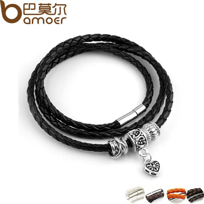 Pulsera de cuero negro con dije de plata BAMOER para mujer, joyería con cierre magnético de cinco colores PI0311 