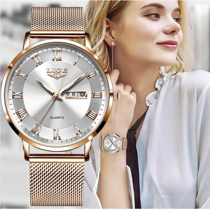 LIGE Reloj de Cuarzo Ultrafino para Mujer Reloj clásico para Mujer Reloj Impermeable con Calendario Doble Reloj con Correa de Malla Milán 