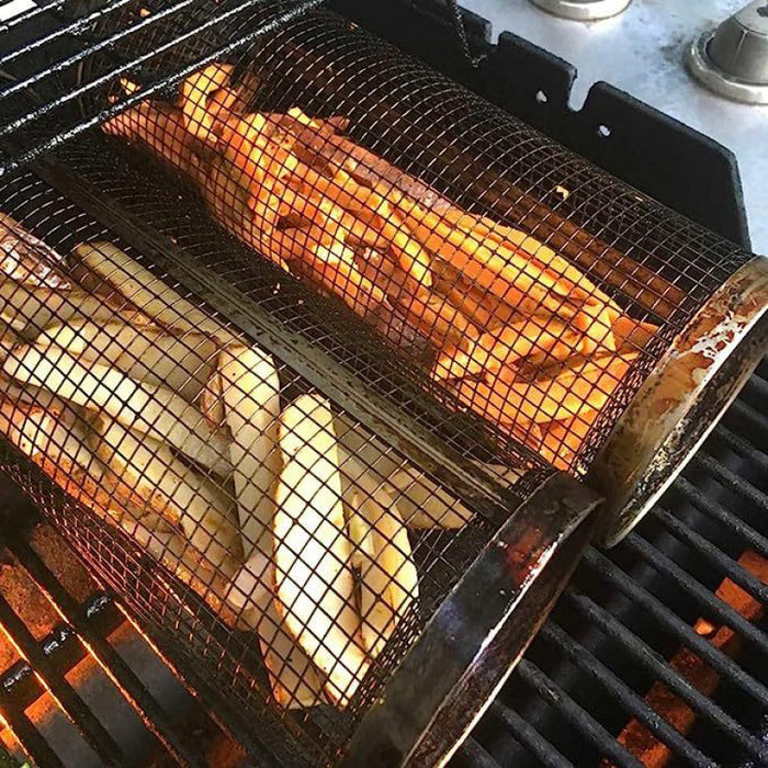 Cesta rodante para asar, cesta de Metal para barbacoa, red portátil para acampar al aire libre, estante para barbacoa, utensilios de cocina 