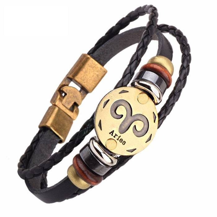 12 Horóscopo Pulsera de cuero Hombres Joyería Vintage Retro Charm Pulsera Joyería masculina 8.2