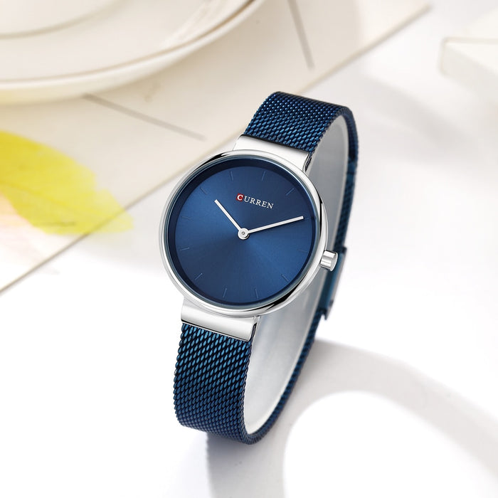 CURREN 9016 relojes azules de moda para mujer, reloj de cuarzo de malla de acero inoxidable, relojes de pulsera simples de lujo para mujer, reloj analógico para mujer 