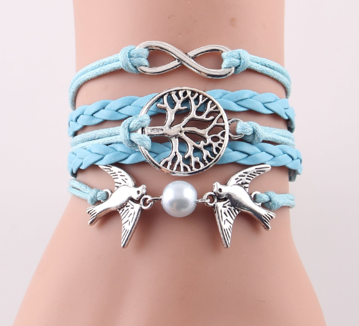 Fashion Infinity Tree flying birds charm Imitation Pearl Leather braid women wrap bracelet Bracelets & Bangles for women jewelry