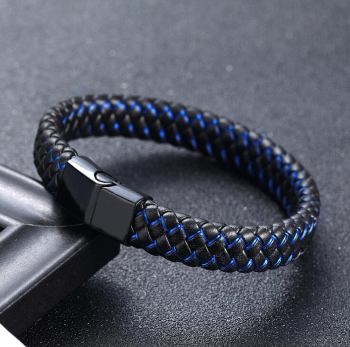 Pulsera trenzada de cuero negro y azul para hombre, brazaletes con cierre magnético de acero inoxidable, pulsera masculina, regalos